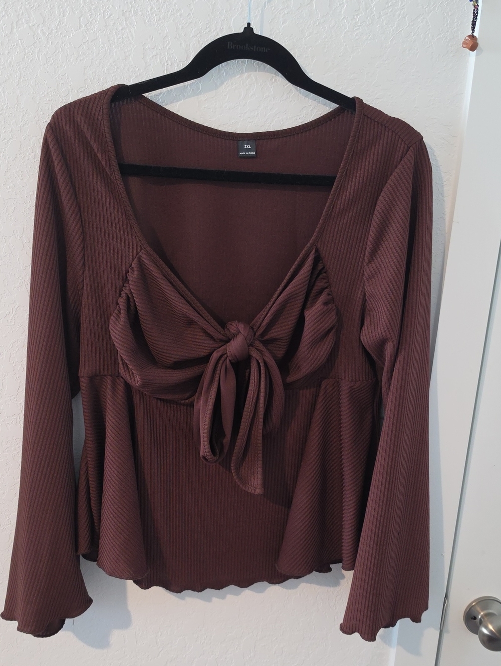 SHEIN Brown Ribbed Tie-Front Long-Sleeve Top